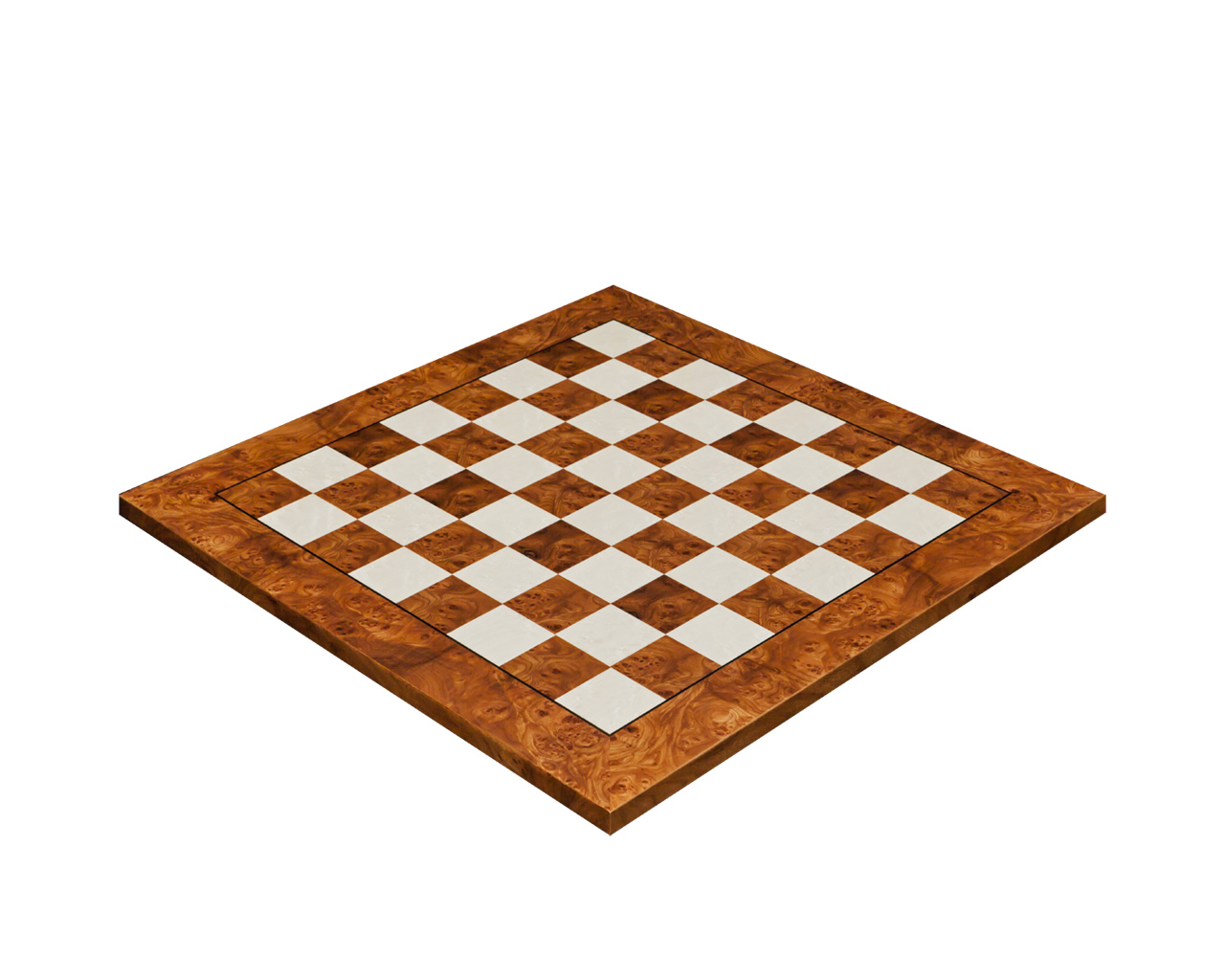Toscana 60 cm matt root of elm chess board, three-quarter view