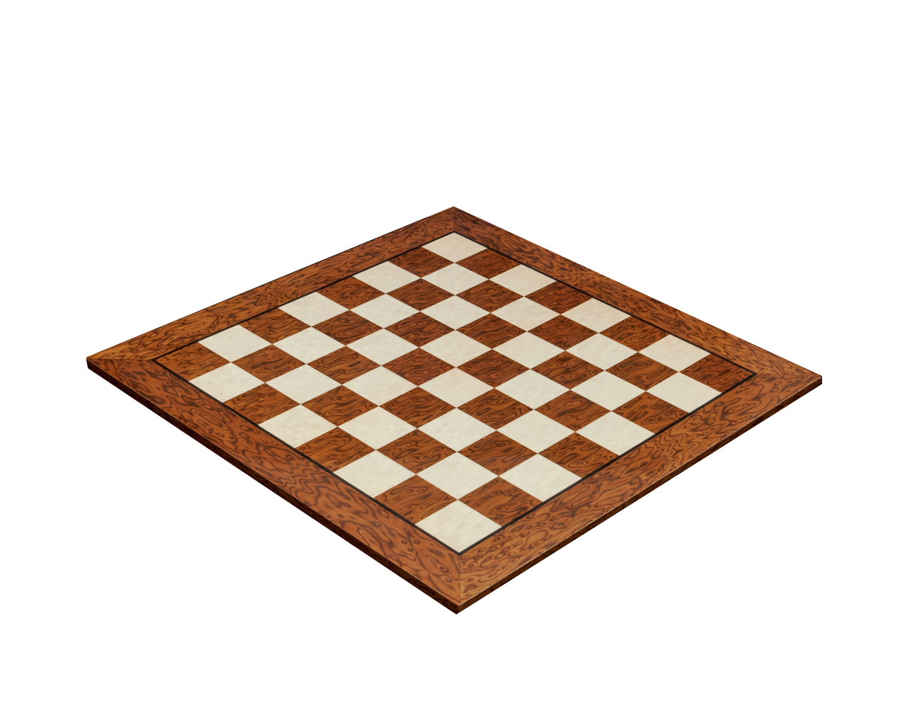 Cordoba 50 cm high-gloss brown ash burl chess board, three-quarter view