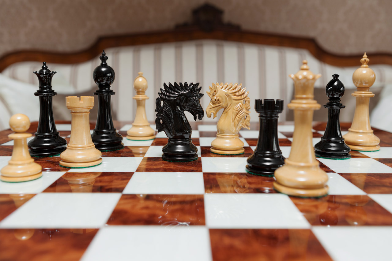 Shown with: 60 cm Da Vinci chess board Duke lacquered ebony and boxwood chess pieces viewed at board level on the 60 cm Da Vinci chess board