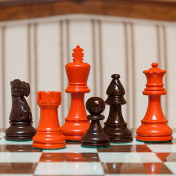 Earl orange and brown chess pieces on the 50 cm Cordoba chess board