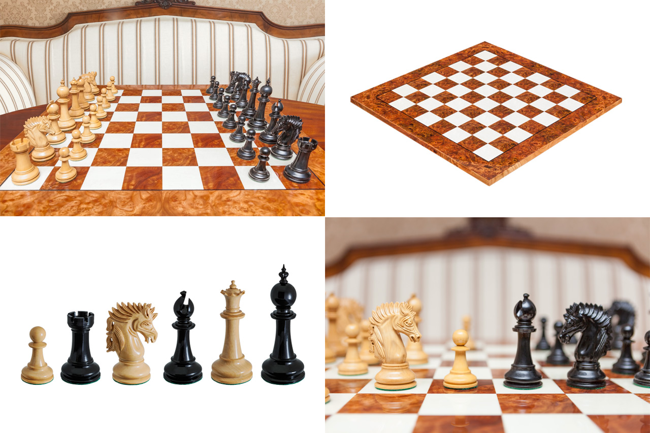 Maharaja set collage with Duke ebony and boxwood pieces and the 60 cm Da Vinci board