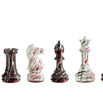 New York black-and-white chess pieces with red veining in a six-piece line-up