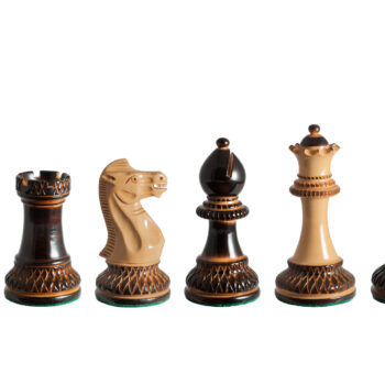 Vulcan burnt boxwood chess pieces in a six-piece line-up