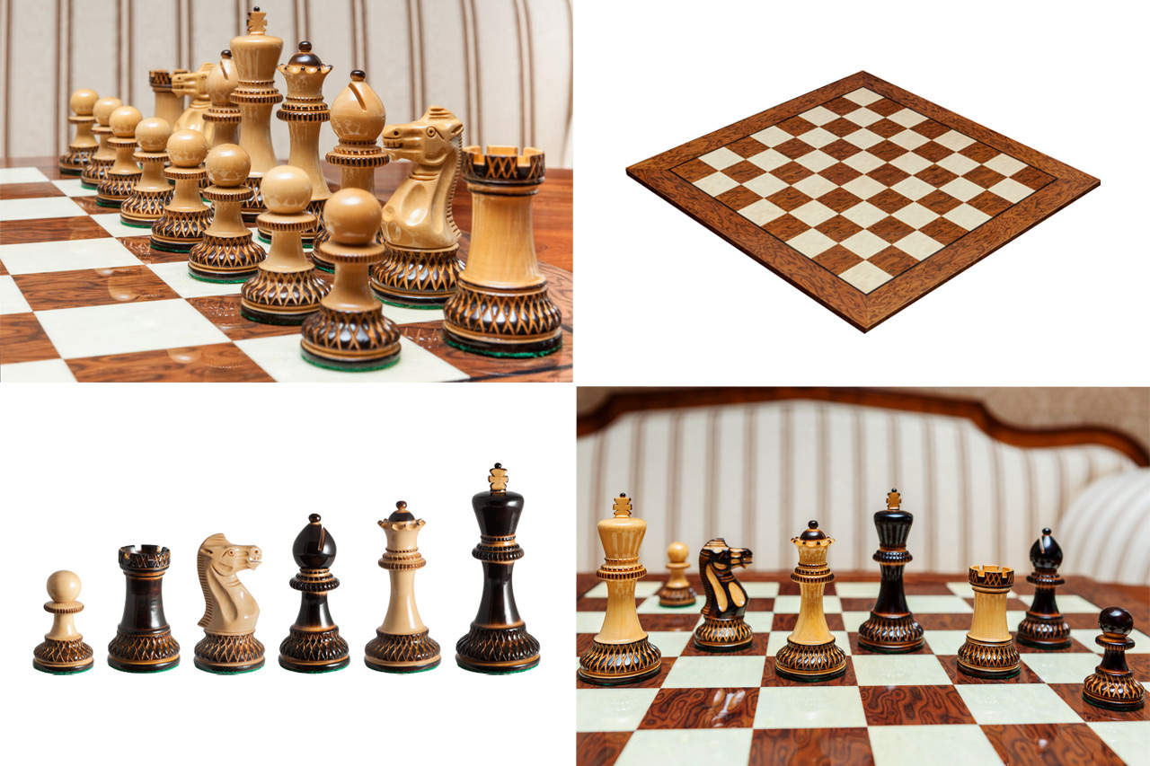 Vesuvius set collage with burnt boxwood Vulcan pieces and the 50 cm Cordoba board