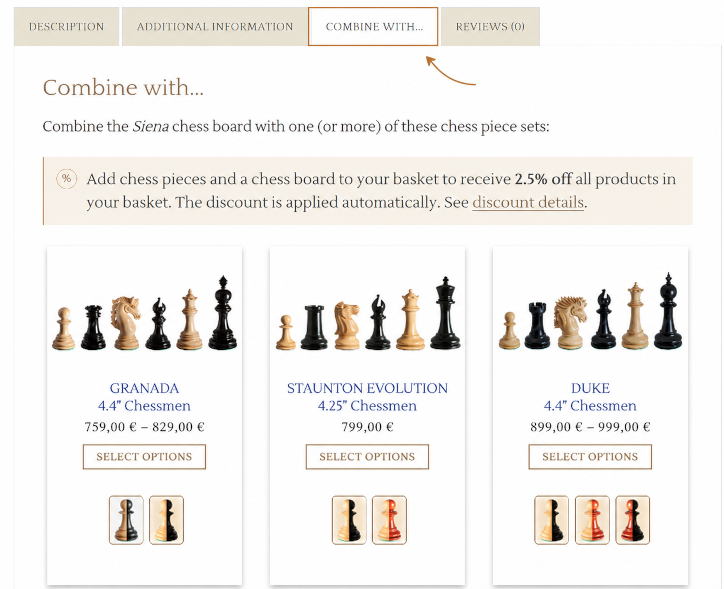 The Combine with tab on the Siena chess board page, showing compatible chess pieces and the automatic 2.5% order discount.